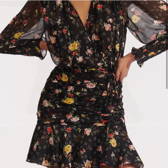 Veronica Beard Black Armeria Floral Print Long Sleeve Silk Dress Size 6 - Picture 2 of 10